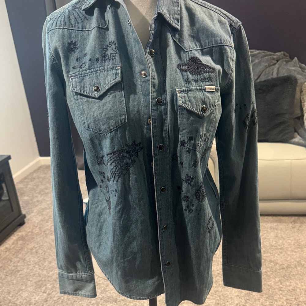 MOTHER Teal Denim Embroidered Western Shirt